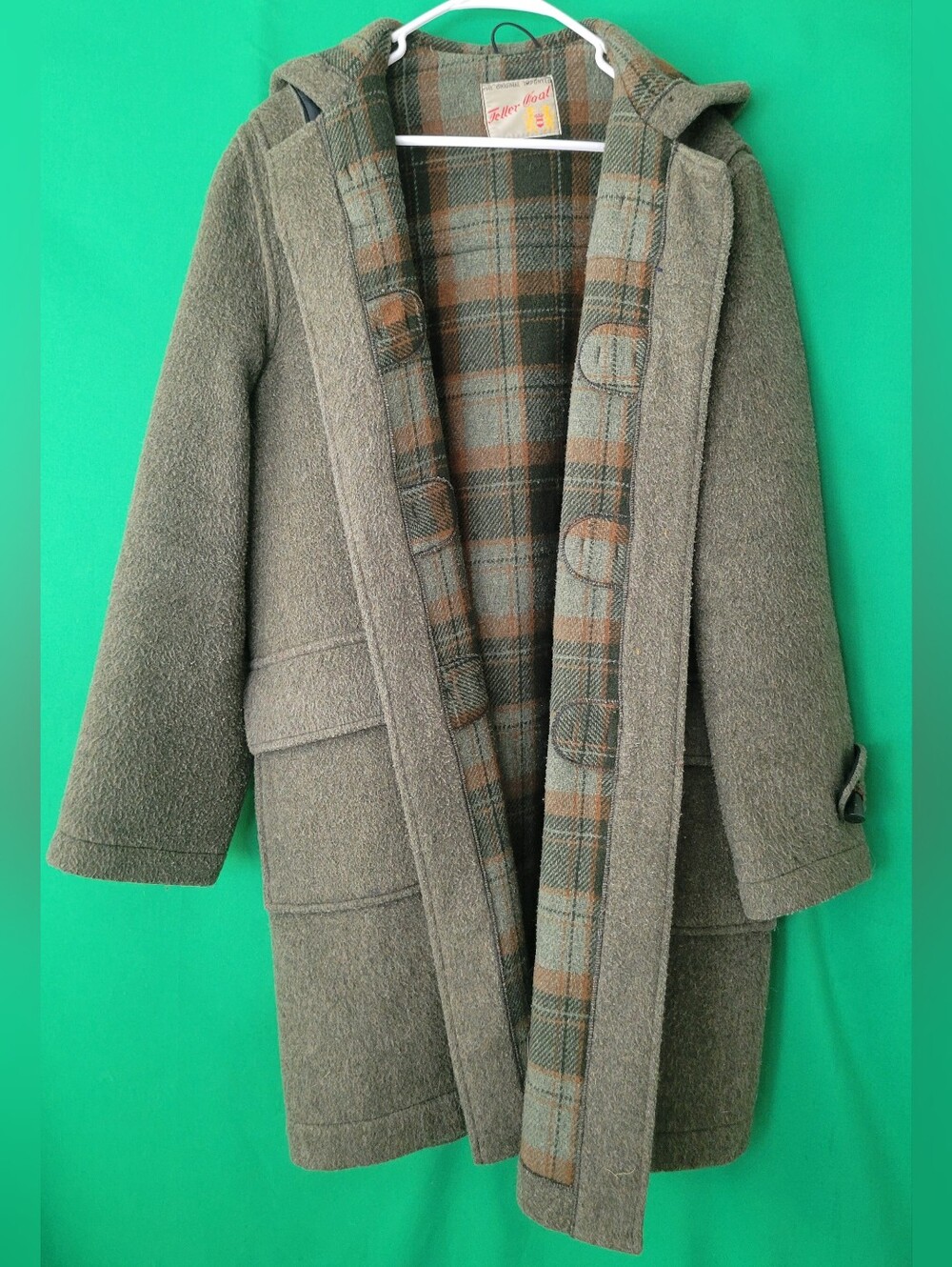 Vintage Teller Pea Coat Original Imported  Hooded Wool Trench Plaid Toggle Sz 38